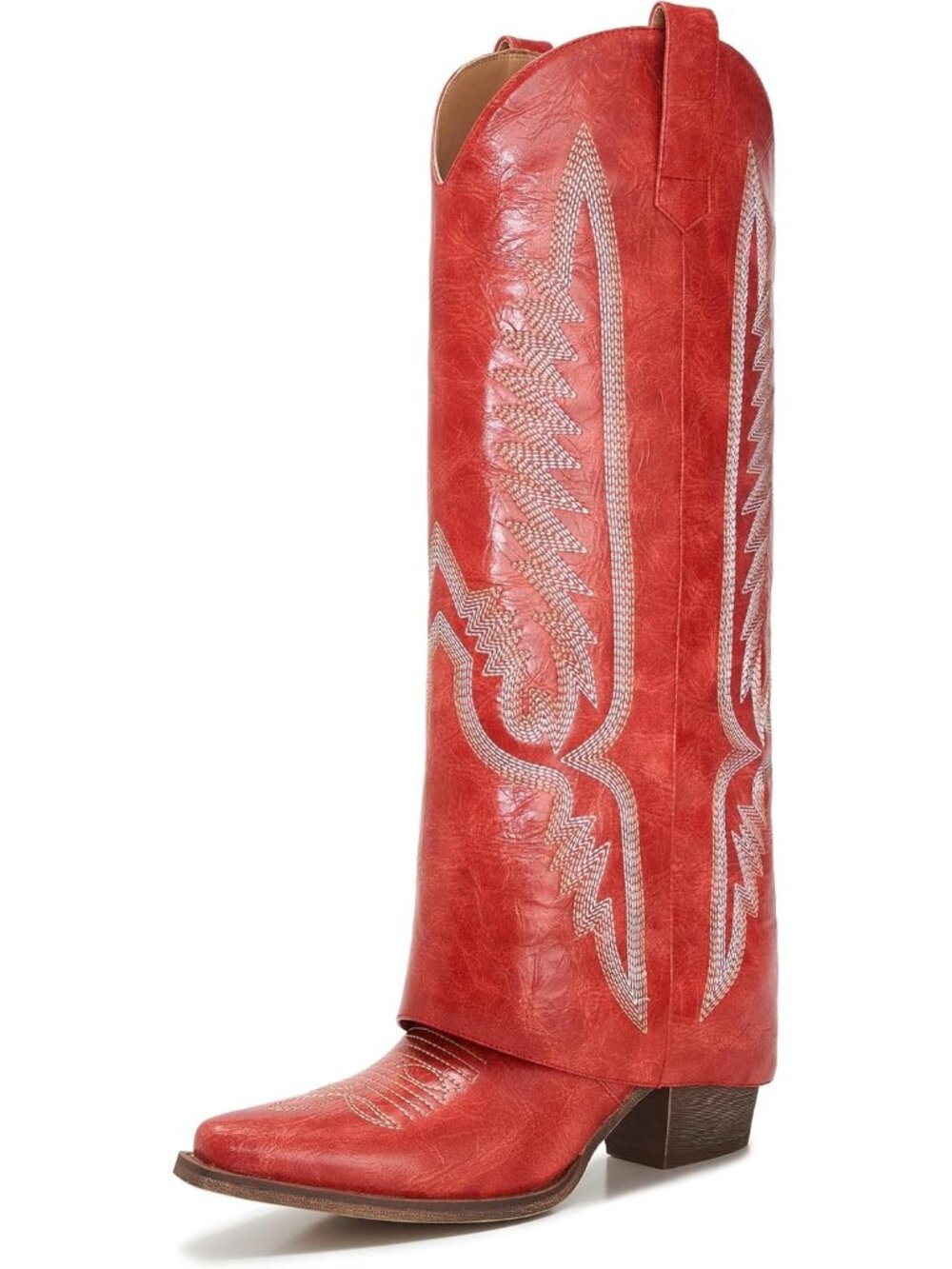 Women's All Red Pointy Pull On Wedge Heel Knee Shark Side Zipper Fold Over Boot